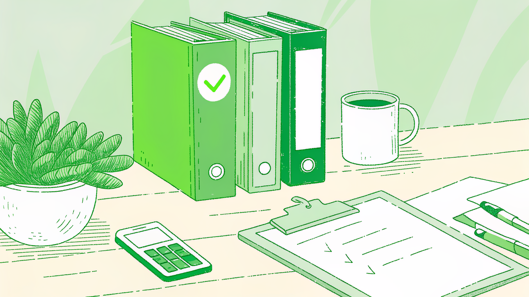 Insurance agency desk with policy folders, smartphone payment confirmation, and efficiency tools