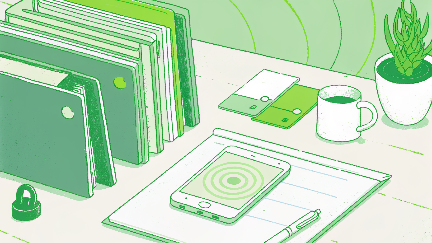 Insurance agency desk with policy documents, smartphone autopay panel, and compliance padlock icon