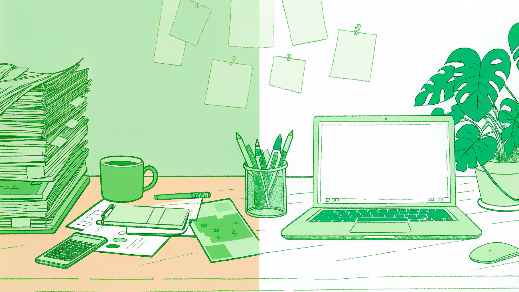 Cluttered paper-check desk versus clean branded insurance payment dashboard workspace