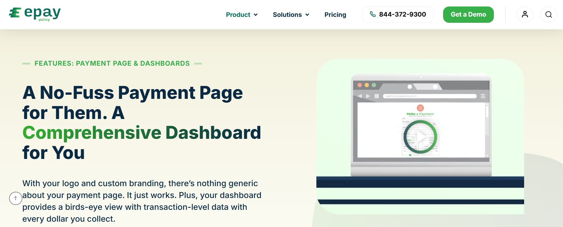  Insurance agency dashboard showing branded payment page and real-time ledger side by side