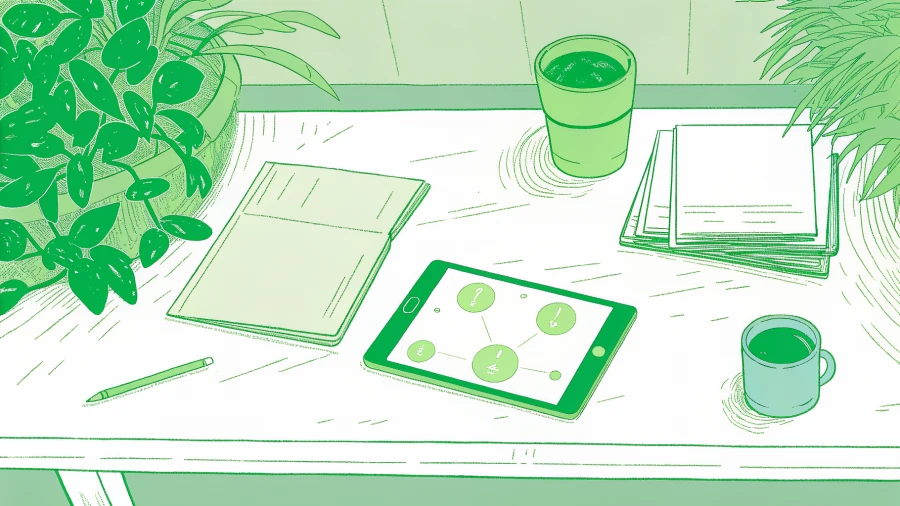 Insurance agency desk with policy folders, paper check, and abstract digital payment panel