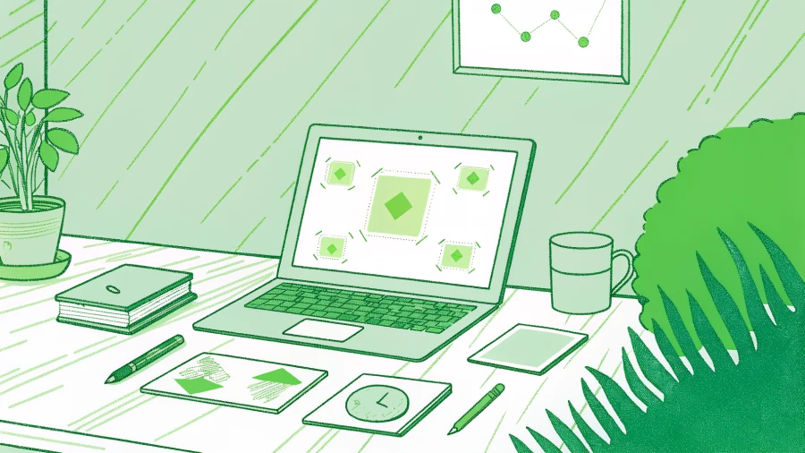 Insurance agency desk with policy folders, automation icons, and digital payment card