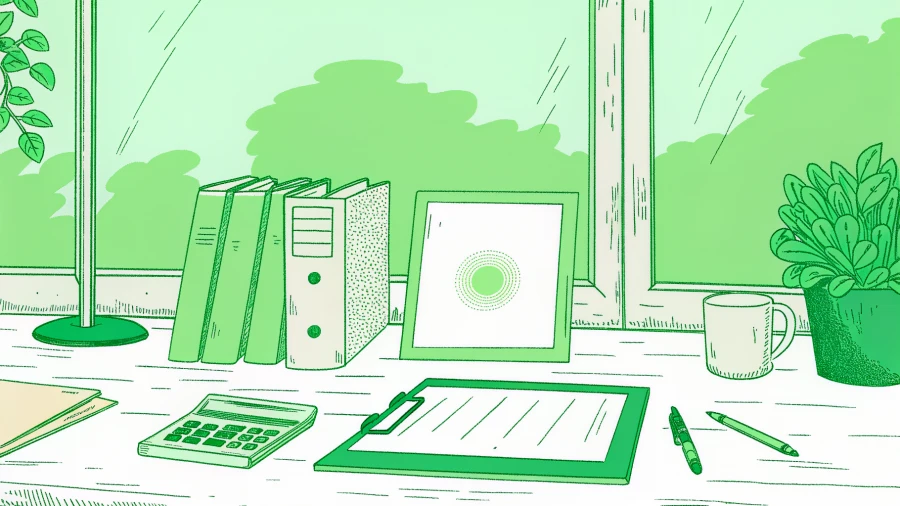 Insurance agency desk with policy folders, smartphone payment panel, and crossed-out paper checks