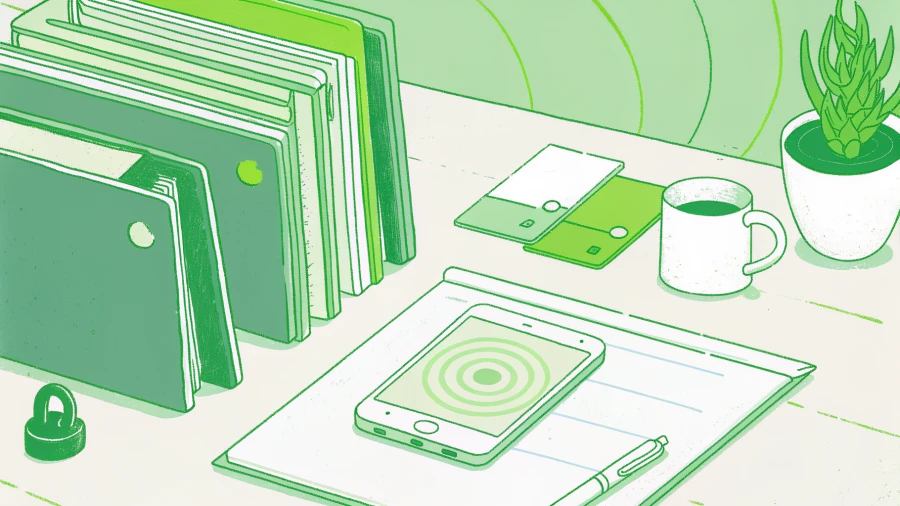 Insurance agency desk with policy documents, smartphone autopay panel, and compliance padlock icon